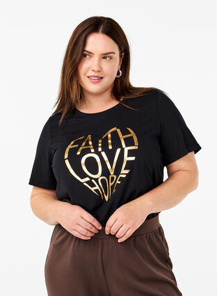 Zizzi FLASH – kuviollinen t-paita, Black Gold Faith, Model image number 0