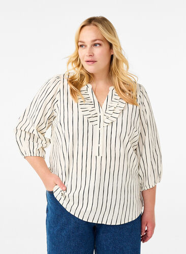 Zizzi Raidallinen puuvillapusero 3/4-hihoilla, Eggnog Black Stripe, Model image number 0