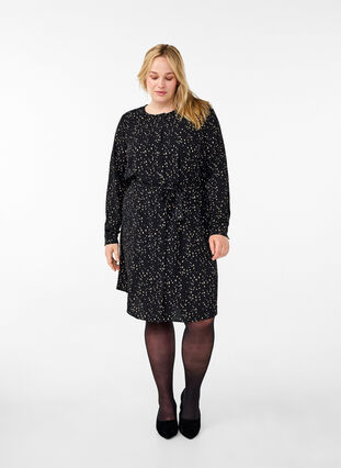 Zizzi Pitkähihainen mekko solmimisnauhalla, Black w. Dot AOP, Model image number 2