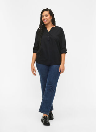 Zizzi Puuvillainen paitapusero v-aukolla, Black, Model image number 2