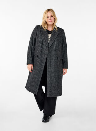 Zizzi Pitkä villatakki, jossa on kalanruotokuvio, Dark Grey Melange, Model image number 2