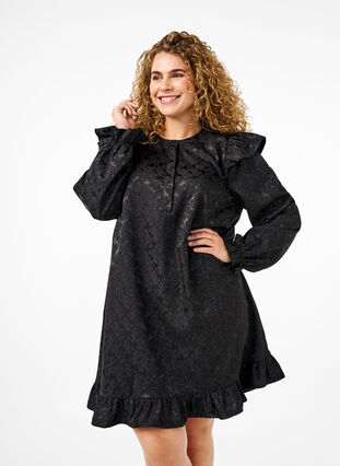 Zizzi Jacquard-mekko pitkillä hihoilla ja röyhelöillä, Black, Model image number 0