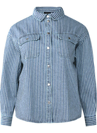 Zizzi Raidallinen farkkupaita, jossa on rintataskut, Light B.Denim Stripe, Packshot image number 0