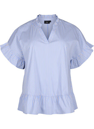 Zizzi Raidallinen pusero, jossa on peplum ja röyhelöitä, Blue Stripe, Packshot image number 0