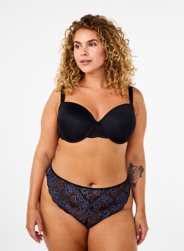 Zizzi Stringit, joissa on kontrastiväristä pitsiä, Black w Blue , Model image number 0