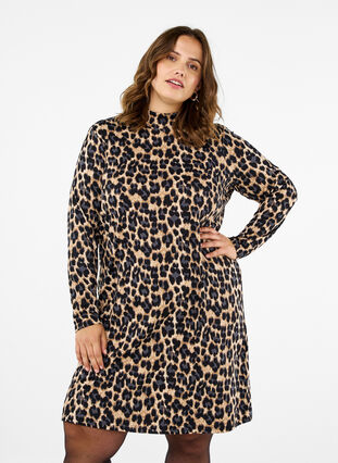 Zizzi FLASH – Pitkähihainen mekko poolokauluksella, Leopard Print, Model image number 0