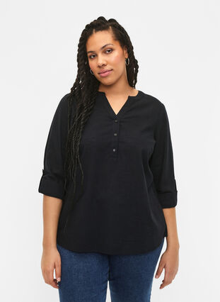 Zizzi Puuvillainen paitapusero v-aukolla, Black, Model image number 0