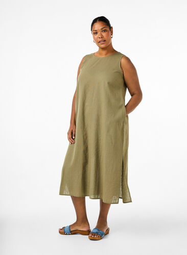 Hihaton mekko puuvillan ja pellavan sekoitteesta, Deep Lichen Green, Model image number 0