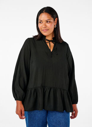 Zizzi Pitkähihainen peplum-pusero, Black, Model image number 0