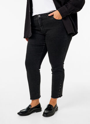 Zizzi Cropatut Emily-farkut, joiden lahkeissa on revityt reunat, Dark Grey Denim, Model image number 2