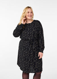 Pitkähihainen mekko solmimisnauhalla, Black w. Dot AOP, Model