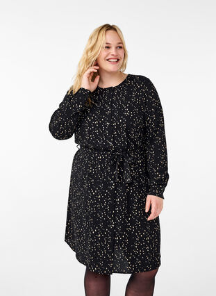 Zizzi Pitkähihainen mekko solmimisnauhalla, Black w. Dot AOP, Model image number 0