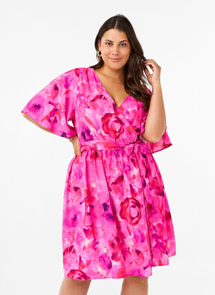 Zizzi Polvipituinen, kietaisumekon tyylinen mekko kukkakuviolla, Pink Rose AOP, Model image number 1