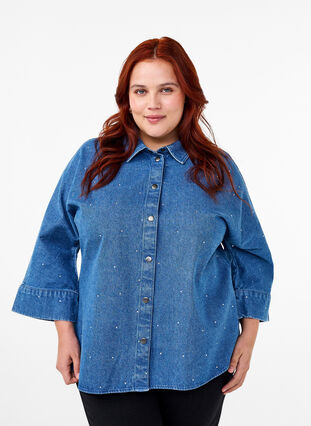 Zizzi Farkkupaita tekojalokivillä ja 3/4-pituisilla hihoilla, Bl. Denim Rhinestone, Model image number 0