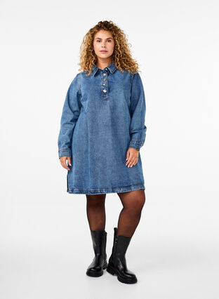 Zizzi Lyhyt farkkumekko, jossa on A-linja ja pitkät hihat, Blue Denim, Model image number 2