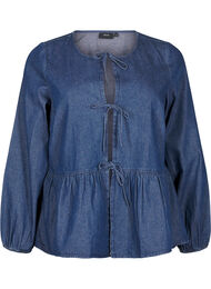 Farkkukankainen peplum-pusero, jossa on nauhakiinnitys, Dark Blue Denim