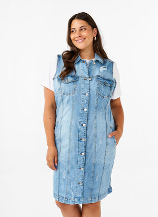 Zizzi Hihaton farkkumekko, jossa on revittyjä yksityiskohtia, Light Blue Denim, Model image number 0