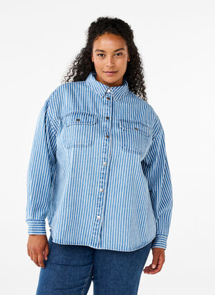 Zizzi Yksivärinen farkkupaita rintataskuilla, Light B.Denim Stripe, Model image number 0