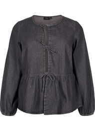 Farkkukankainen peplum-pusero, jossa on nauhakiinnitys, Dark Grey Denim