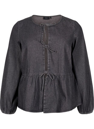 Zizzi Farkkukankainen peplum-pusero, jossa on nauhakiinnitys, Dark Grey Denim, Packshot image number 0