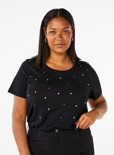 Zizzi Puuvillainen T-paita tekojalokivillä, Black, Model image number 0